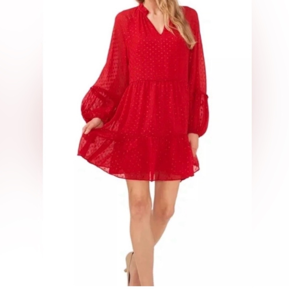 CeCe Tiered Dress Shift V-Neck Long Sleeve  XL Red With Sparkly  Dots, Pretty!